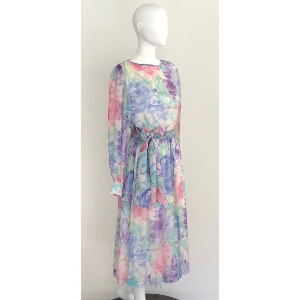 VNT 80’s Anne Crimmins For Umi Collection Silk Pastels Chiffon Dress size 8 - Picture 10 of 11